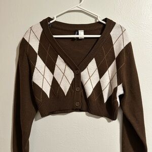 Brown Argyle Cropped Sweater
